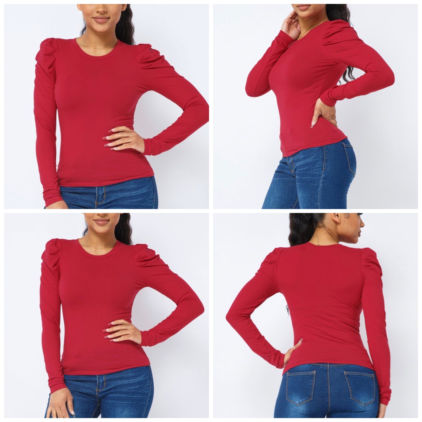 Solid Puff Shoulder Long Sleeve Top