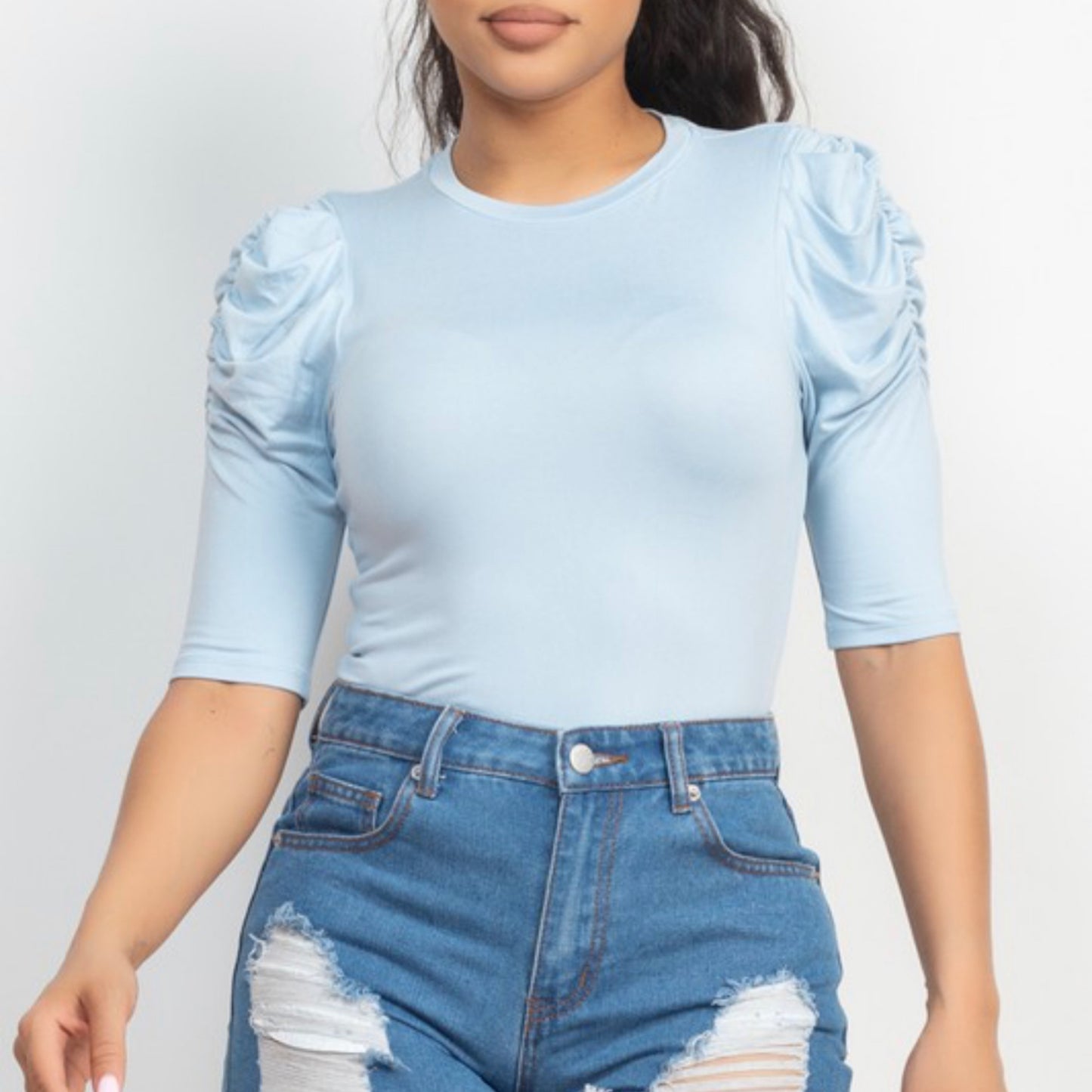 Round Neck Puff Ruched Sleeve Top