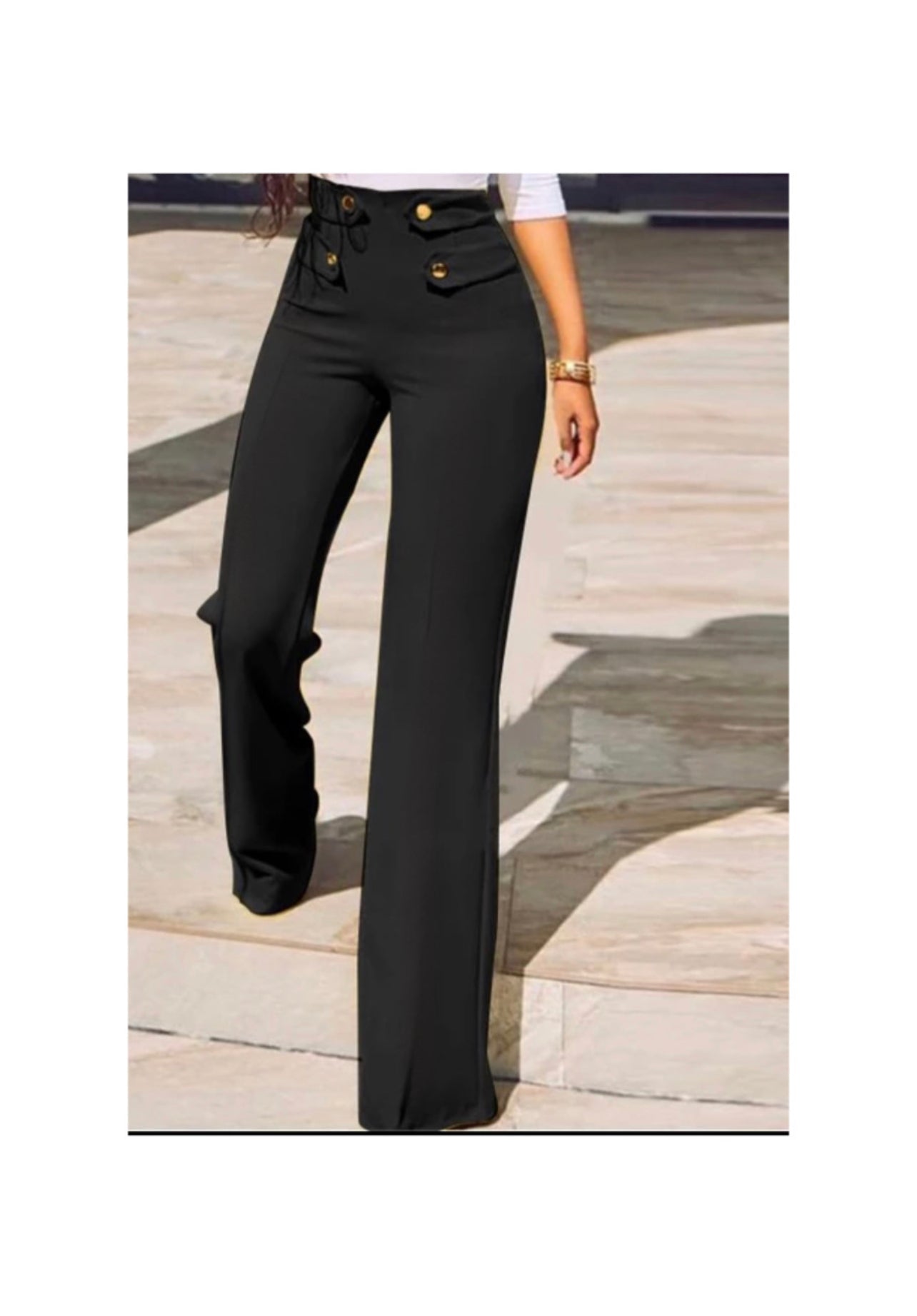 Solid High waist button detail long pants