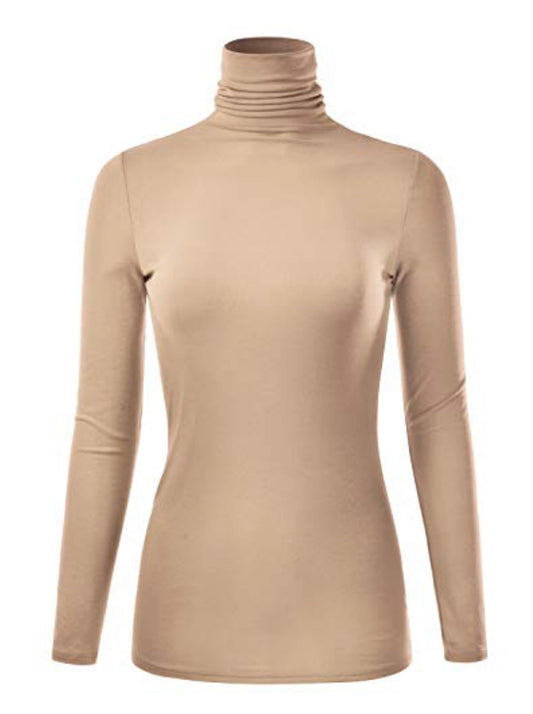 KHAKI TURTLE NECK RAYON JERSEY TOP