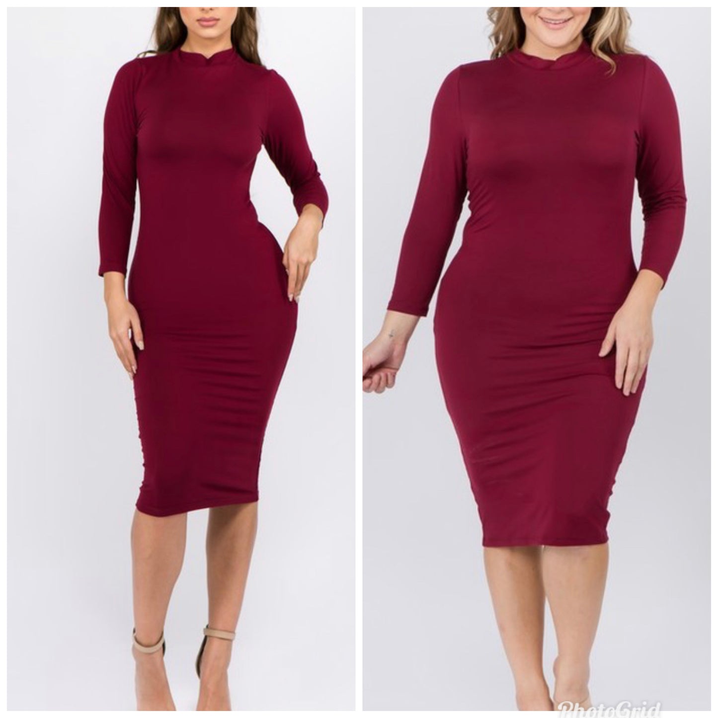 Burgundy Women's Mock Neck Midi Bodycon Dress