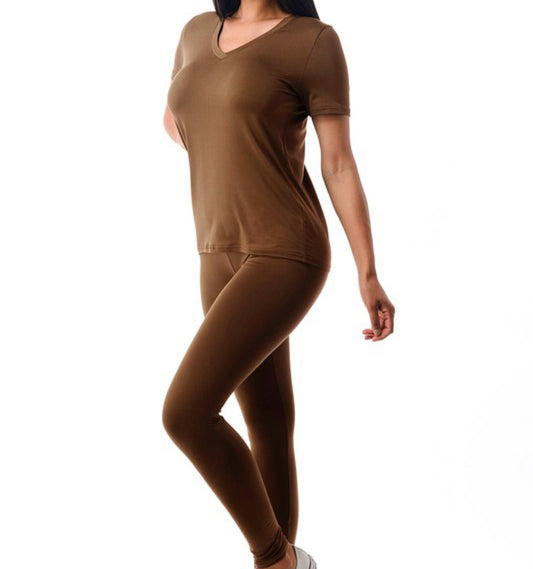 Coffee "LOOSE FIT" V-Neck T-shirt & Legging Set