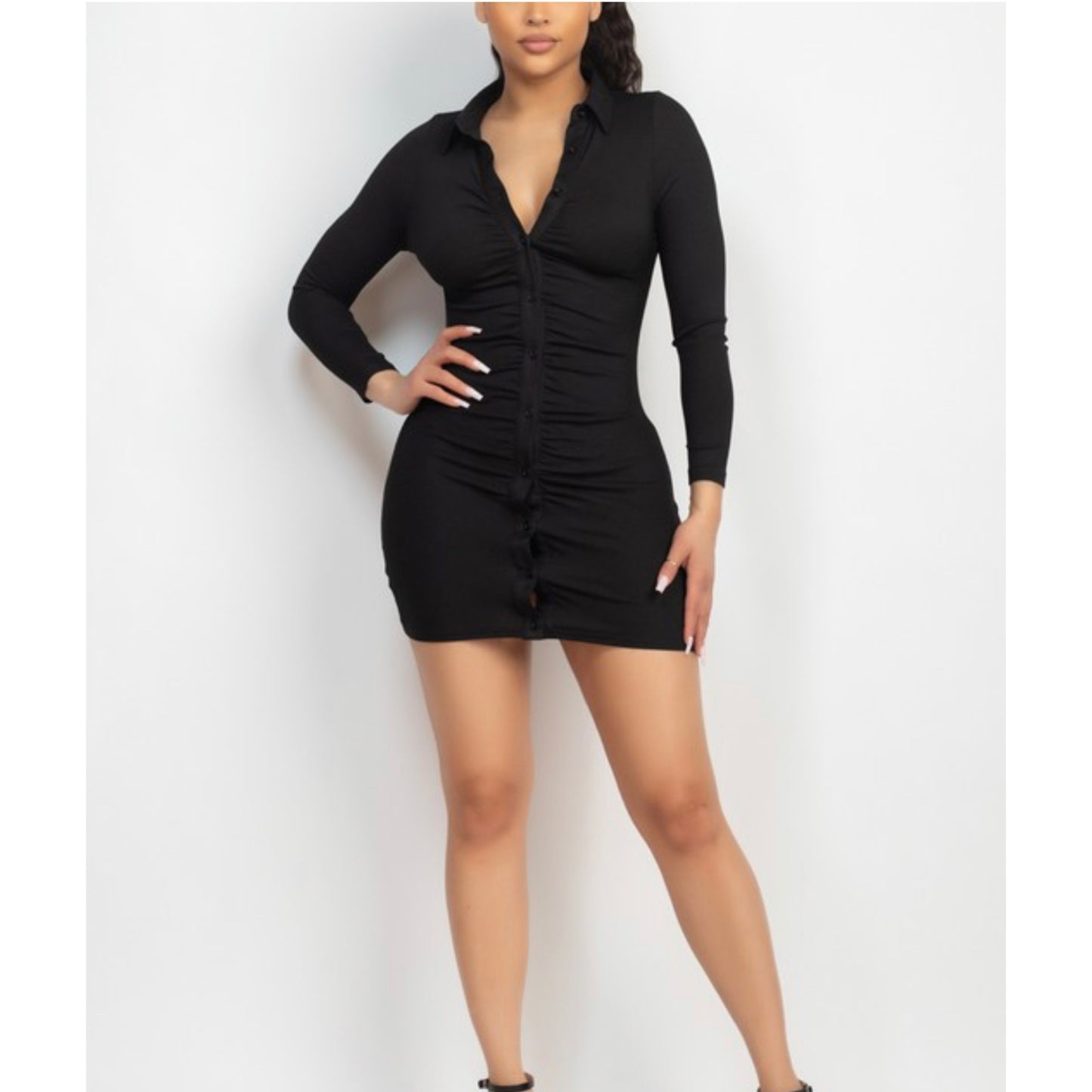 Black Date Night Shirred Button-Down Shirt Dress