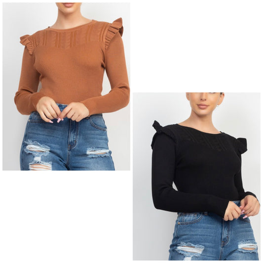 Ruffled Crew Neck Sweater Top