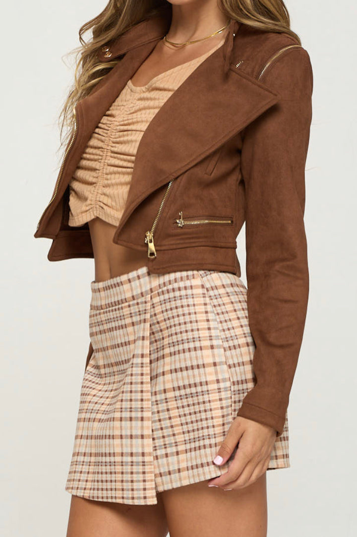 Light weight Cropped Style Suede Zipper Pocket Biker Jacket