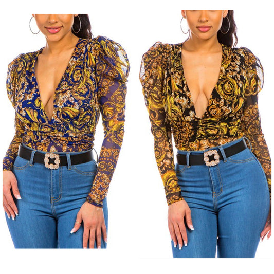 BAROQUE-FLORAL & RUCHED WAISTBAND BODYSUIT