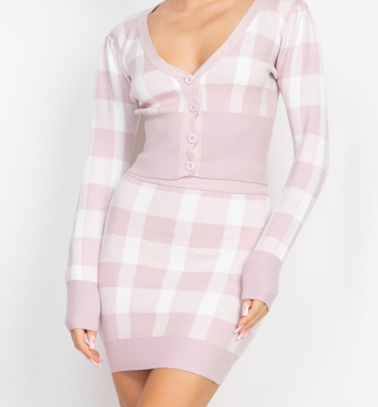 Pink Lavender Plaid Ribbed Trim Cardigan and Skirt Set