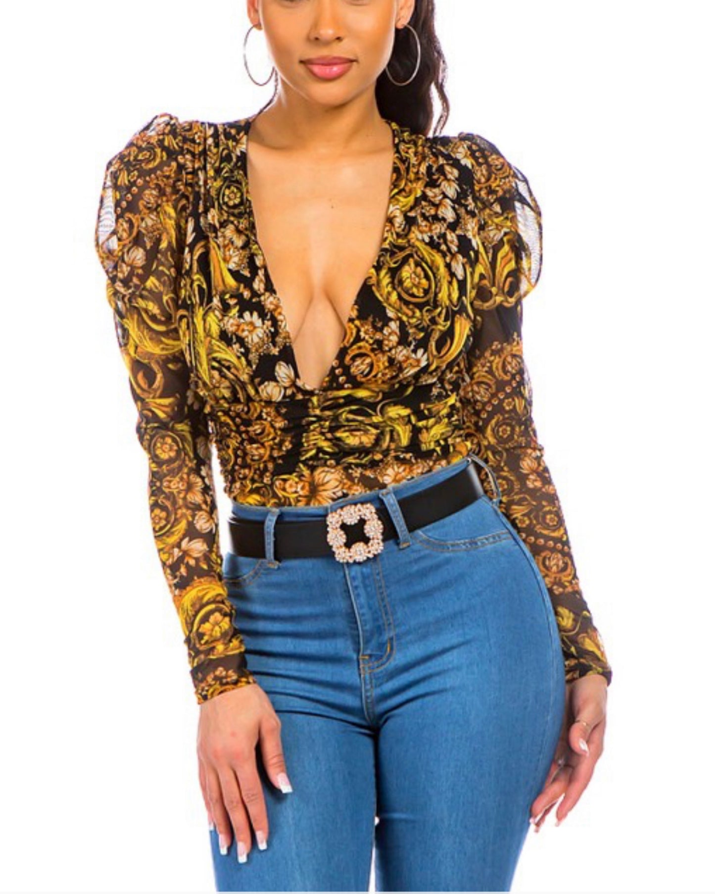 BAROQUE-FLORAL & RUCHED WAISTBAND BODYSUIT