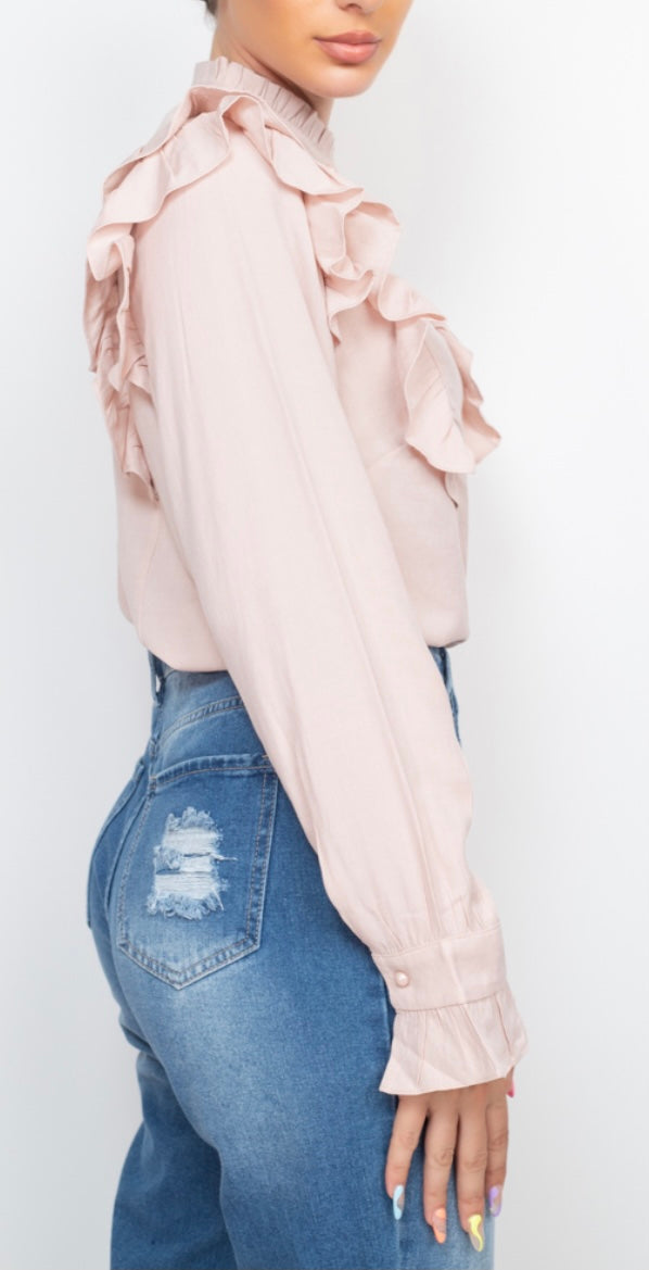 Light Pink Curved Hem Solid Ruffled Top