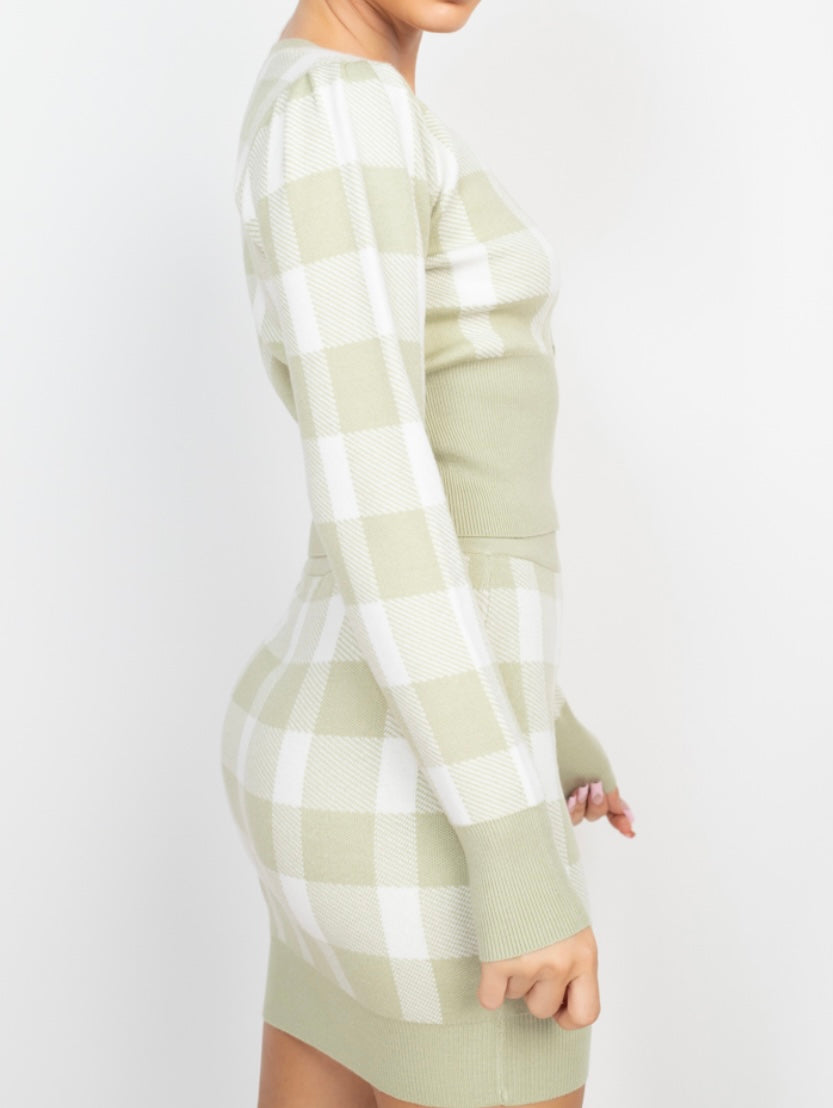 Ice Sage Plaid Ribbed Trim Cardigan and Skirt Set