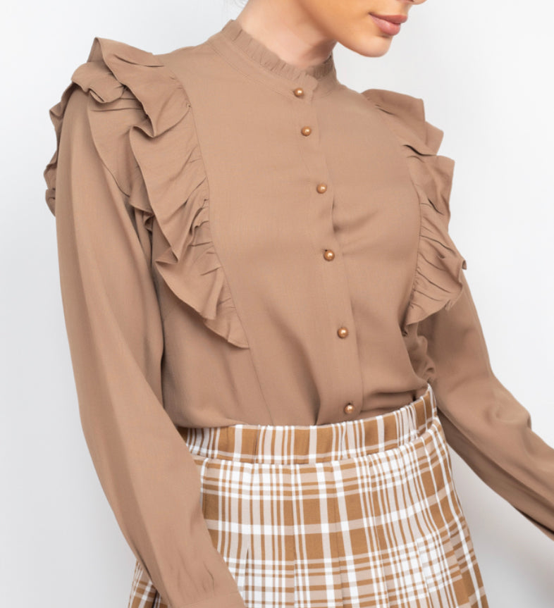 Mocha Curved Hem Solid Ruffled Top