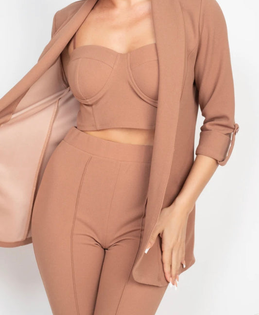 Light Mocha - All Around Blazer Pants Set with Crop Top