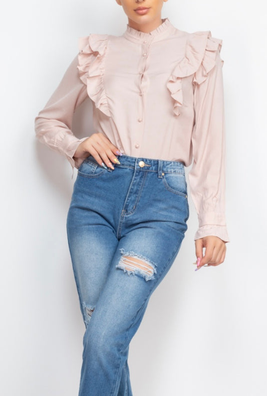 Light Pink Curved Hem Solid Ruffled Top