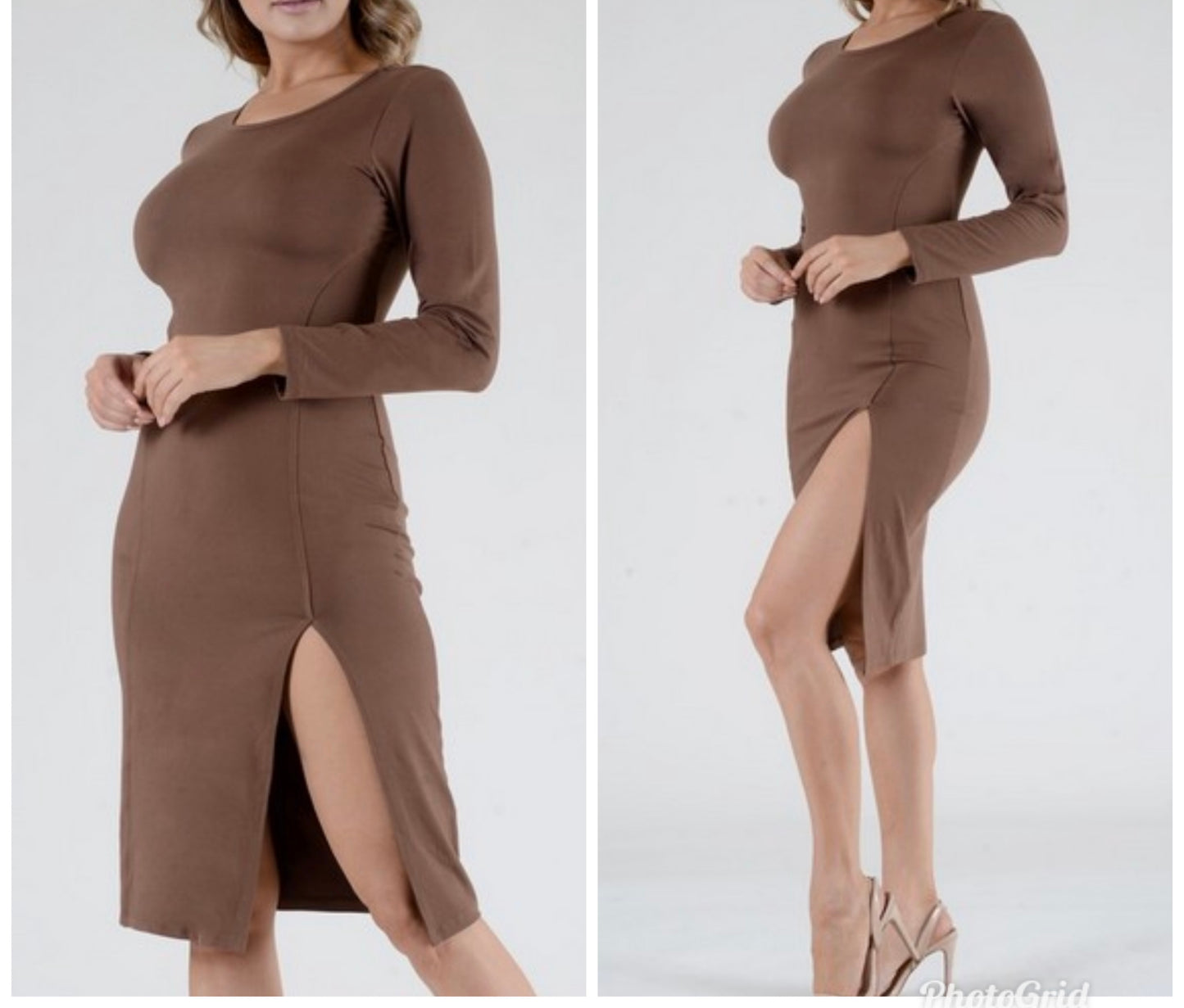 Mocha Lady's Slit Hem Bodycon Dress with Princess Seams